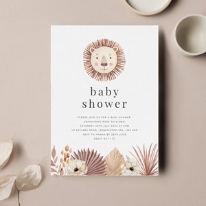 Szablon zaproszenia na baby shower z lwem, Baby shower z dziewczynką, zaproszenie na baby shower w dżungli, kwiatowy boho lew, drukowane zaproszenie na baby shower
