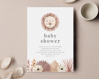 Leeuw baby shower uitnodiging sjabloon, baby shower meisje, jungle baby shower uitnodiging, bloemen Boho leeuw, afdrukbare baby shower uitnodiging
