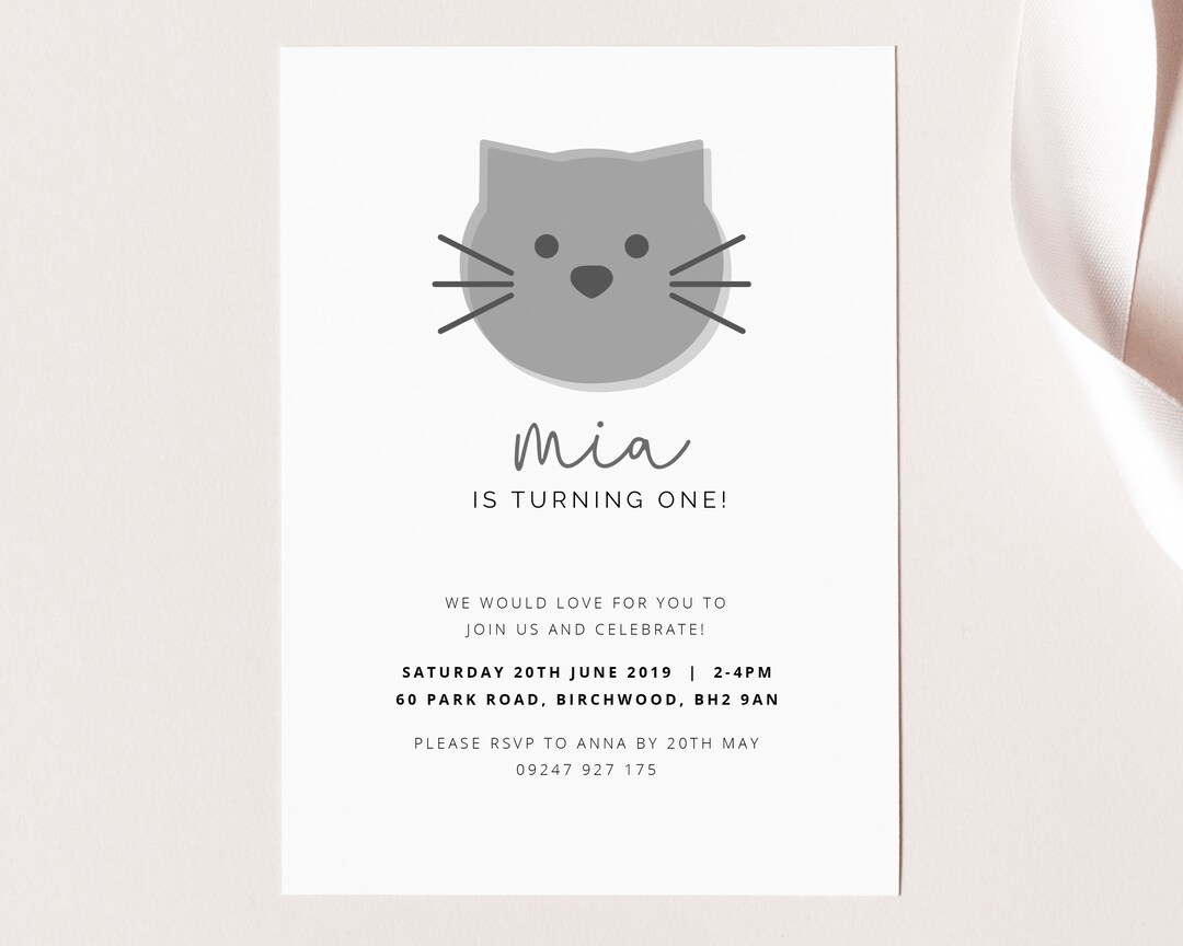 Cat Birthday Invitation, First Birthday Printable, Kids Birthday Invite ...