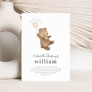 Bear Christening Invitation Template, Teddy bear Baptism Invite, Naming Day Invitations, Printable Christening invite