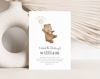 Bear Christening Invitation Template, Teddy bear Baptism Invite, Naming Day Invitations, Printable Christening invite