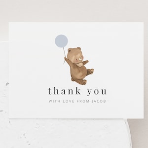 Carte de remerciement modifiable, ballons bleus ours, mot de remerciement ours, 1er anniversaire de Beary, pique-nique ours en peluche, carte de remerciement imprimable