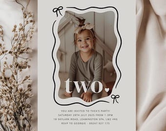 Bow 2nd Birthday, Second Birthday Invitation Template, Two Invitation, Coquette Bow, Second Birthday Photo, Printable Birthday Invite