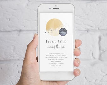 First Trip Around The Sun Evite, 1st Birthday Invitation Template, Blue, 1st Birthday Sun, Baby First Birthday