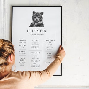 May include: A black and white printable poster with a bear cub illustration and the text "HUDSON IS ONE TODAY!"  The poster lists the child's height, weight, favorite foods, and things they can do.