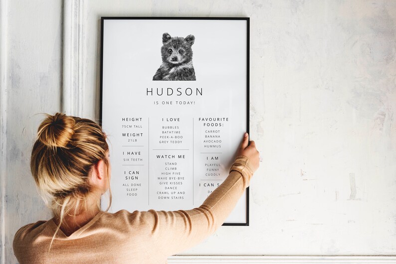 May include: A black and white printable poster with a bear cub illustration and the text "HUDSON IS ONE TODAY!"  The poster lists the child's height, weight, favorite foods, and things they can do.