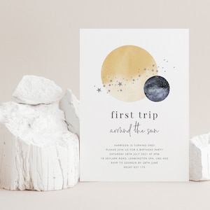 First Trip Around The Sun, First Birthday Invitation, Blue, 1st Birthday Sun, Printable Birthday Invitation, Printable Birthday Invitation