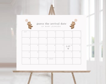 May include: A white calendar with a brown bear illustration on each side. The calendar is for July and August and has a heart with the text "due date" on the 20th of July.