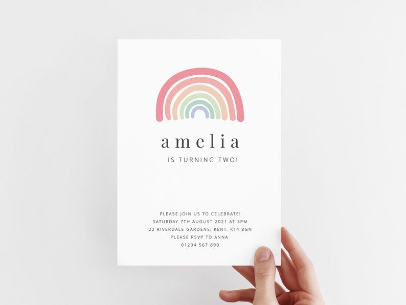 May include: A rainbow-colored birthday invitation with the name Amelia and the text "Is turning two!"  The invitation also includes the date, time, and location of the party.