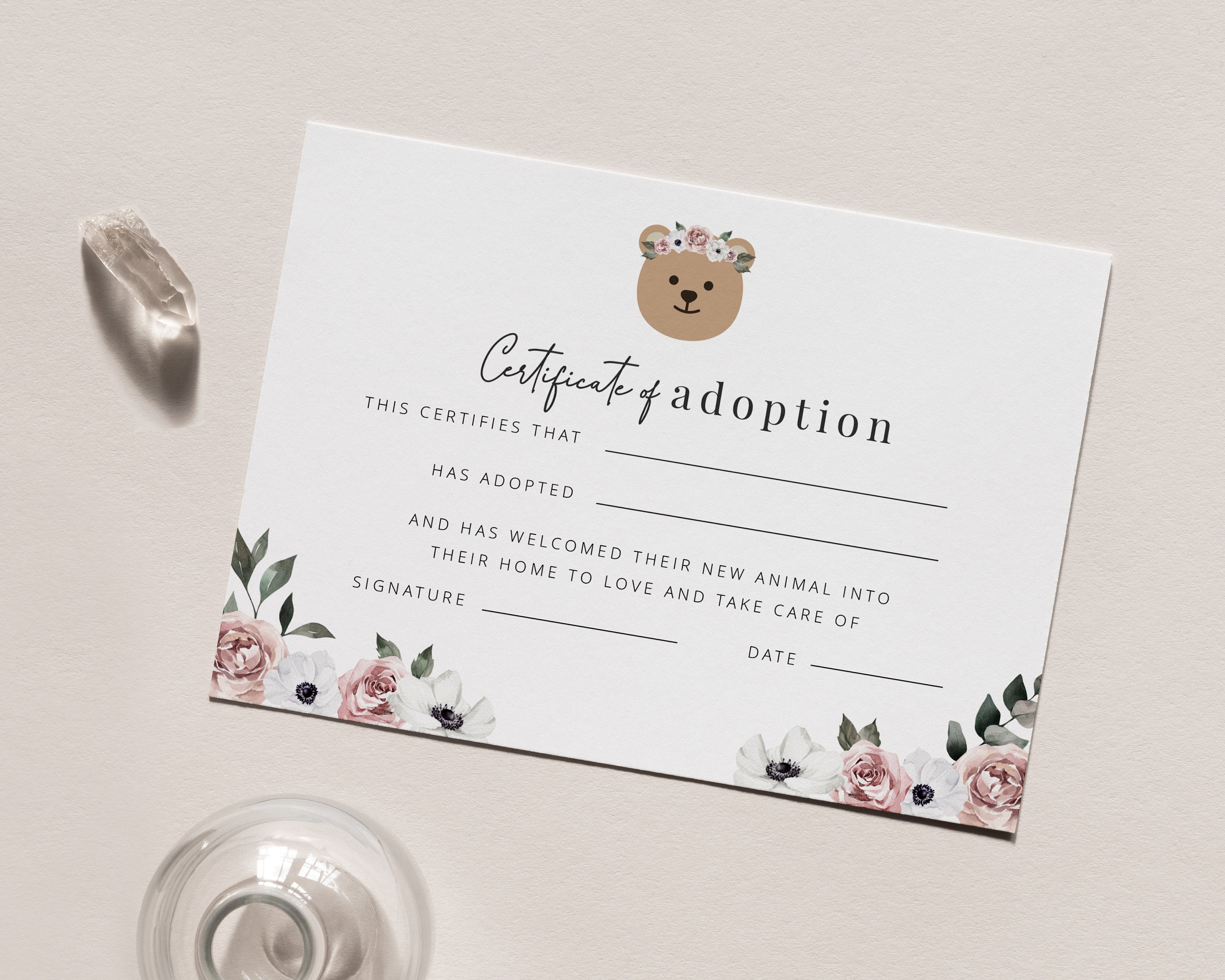 Teddy Bear Adoption Certificate Template, Floral Bear Birthday, Teddy Bear  Party, Birthday Girl, Adoption Certificate Printable For Toy Adoption Certificate Template