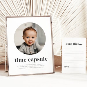 Modelo de cápsula do tempo para fotos, menino do primeiro aniversário, cápsula do tempo simples, cápsula do tempo para fotos, lembrança do primeiro aniversário, cápsula do tempo para impressão