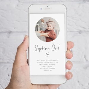 Editable Birthday Evite, Photo Invite, 1st Birthday Girl, 1st Birthday Heart, Digital Invitation, Digital SMS Invitation