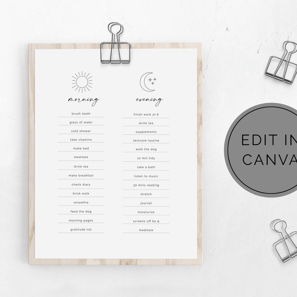 Morning Evening Routine Template, Canva Template, Minimal Checklist, Daily Routine Printable, Sun Moon Icons, Daily Routine Printable