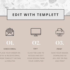 Peut inclure: Un graphique avec trois &eacute;tapes pour &eacute;diter un design &agrave; l'aide de Templett. &Eacute;tape 1 : V&eacute;rifier l'e-mail. &Eacute;tape 2 : Modifier. &Eacute;tape 3 : Imprimer. Le graphique comprend des ic&ocirc;nes pour un e-mail, un ordinateur et une imprimante.
