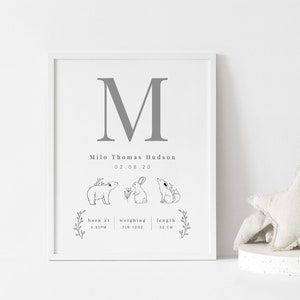 Póster editable de detalles de nacimiento, impresión de estadísticas de nacimiento, impresión de animales del bosque, impresión de detalles de nacimiento de animales del bosque, póster de estadísticas de nacimiento imprimibles