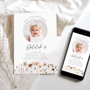 Wildflower Birthday Invitation and Evite, Our Little Wildflower, Text Message Invite, 1st Birthday Girl, Printable Photo Birthday Invitation