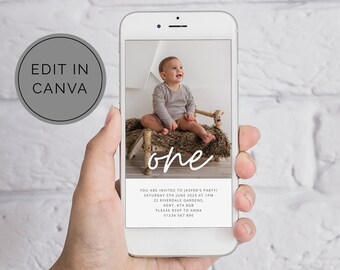 Editable Birthday Evite, Canva Template Evite, Photo Invite, 1st Birthday Invite, One Evite, Digital SMS Invitation, First Birthday Evite