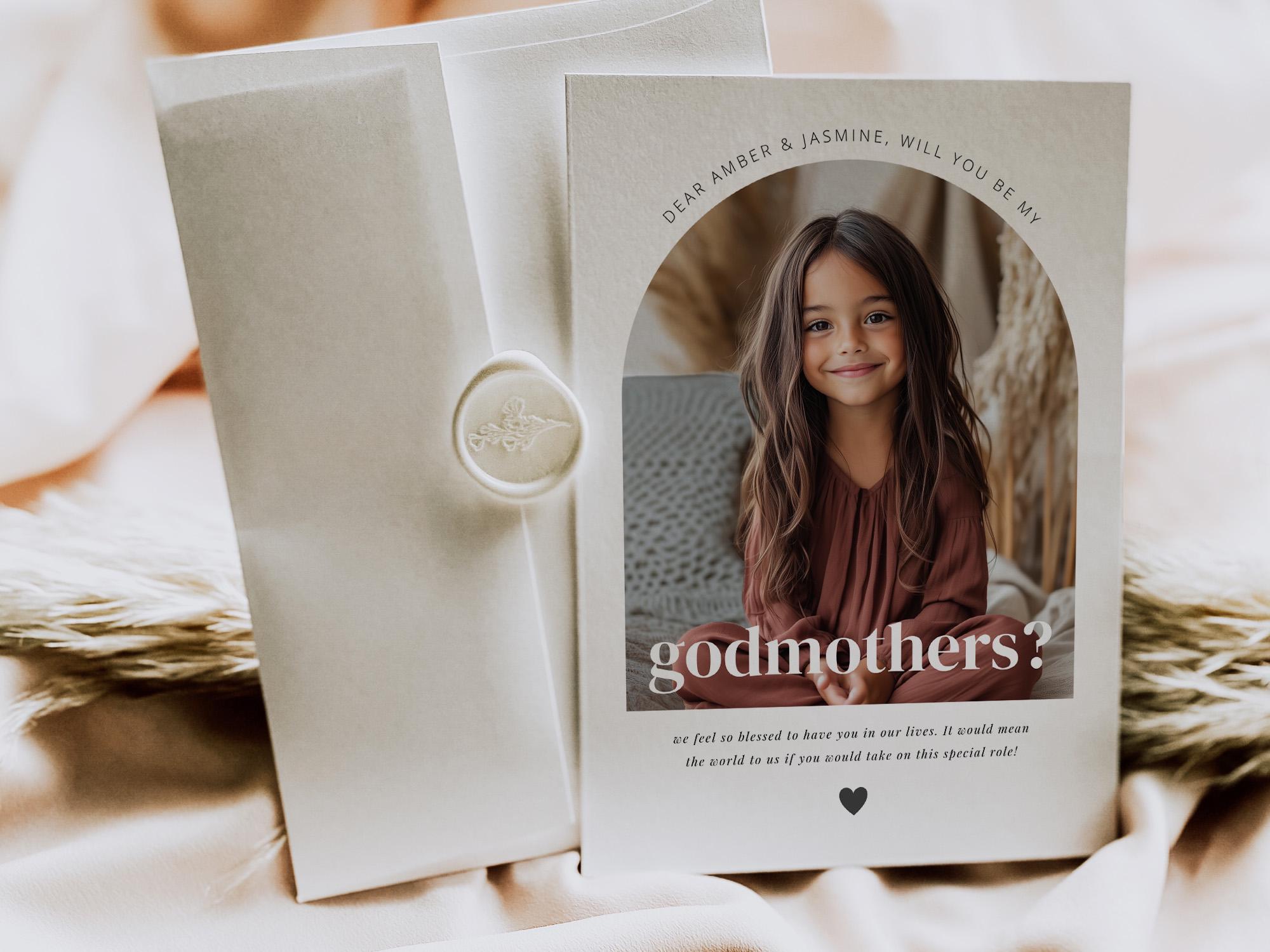 Will You Be My Godmothers Template, Arched Photo, DIY Editable Template