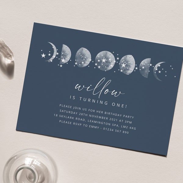 Birthday Invitation Template, White, Moon Phase, Celestial Theme, Celestial Birthday, Moon Birthday Invite, Moon Invite, Printable Invite