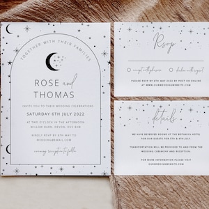Celestial Wedding Invite Set, Wedding Invitation Suite, Moon Stars Wedding Invite, Details Card, RSVP, Printable Wedding Invitation