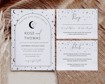 Celestial Wedding Invite Set, Wedding Invitation Suite, Moon Stars Wedding Invite, Details Card, RSVP, Printable Wedding Invitation