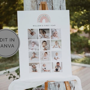 Póster de primer año con arcoíris, plantilla de Canva, impresión de fotos de primer cumpleaños, collage de fotos de arcoíris boho, arcoíris floral, póster de primer año imprimible