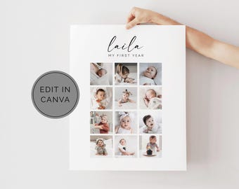 Babys First Year Poster, Canva Template, 1st Birthday Photos, My First Year Print, Babys First Year Photos, Printable 1st Year Poster