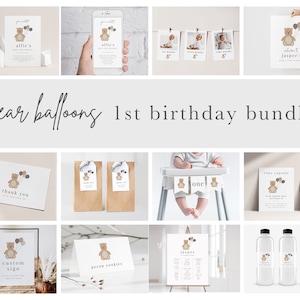 1st Birthday Bear Balloon Bundle, Printable Birthday Templates, First Birthday Bear, 1st Birthday, Editable Birthday Party Templates