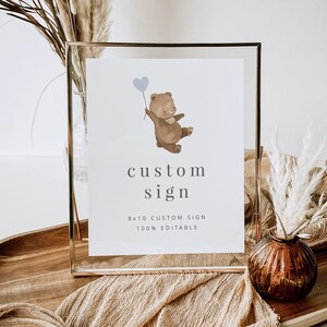 Custom Sign Template, 8x10 Editable sign, Watercolour Bear Heart Balloons, First Birthday Boy, Teddy Bears Picnic, Printable Sign