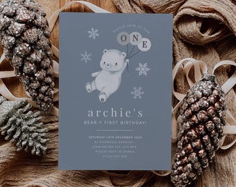 Polar Bear Invitation Template, Winter Bear Invite, Polar Bear First Birthday, Winter 1st Birthday Invitation, Printable Birthday invite
