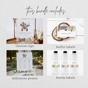 May include: A printable set of jungle-themed party decorations, including a custom sign, buffet labels, a milestone poster, and bottle labels. The sign features a cartoon illustration of animals riding in a wagon. The labels feature a watercolor design of tropical leaves.