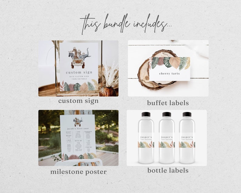 May include: A printable set of jungle-themed party decorations, including a custom sign, buffet labels, a milestone poster, and bottle labels. The sign features a cartoon illustration of animals riding in a wagon. The labels feature a watercolor design of tropical leaves.