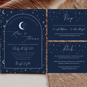 Set di inviti di nozze celesti, Suite di inviti di nozze blu scuro, Inviti di nozze con stelle lunari, Carta dettagli, RSVP, Inviti di nozze stampabili