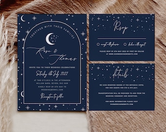 Celestial Wedding Invite Set, Navy Wedding Invitation Suite, Moon Stars Wedding Invite, Details Card, RSVP, Printable Wedding Invitation