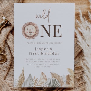 Wild One Birthday Template, Lion Birthday Invitation, Editable Invite, 1st Birthday Safari, Printable Birthday invitation