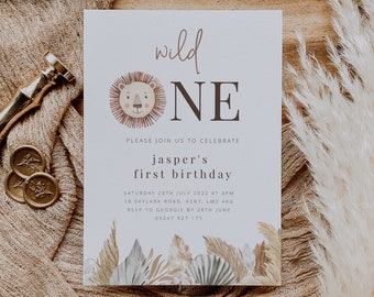 Modèle d'anniversaire sauvage, Invitation d'anniversaire Lion, invitation modifiable, Safari 1er anniversaire, invitation d'anniversaire imprimable