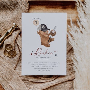 Rookie Year Birthday Invitation, Bear Baseball, 1st Birthday Baseball Bear, Teddy Invitation Template, Beary 1st Birthday, Printable Invite