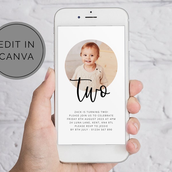 Editable Birthday Evite, Canva Template Evite, Photo Invite, 2nd Birthday Boy, Two Evite, Digital SMS Invitation, Second Birthday Evite