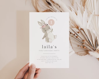 Plantilla de invitación de cumpleaños de conejito, Evite floral de conejito, 1er cumpleañera, primer cumpleaños de conejito, invitación de conejo, invitación de cumpleaños imprimible