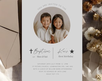 1st Birthday and Baptism Invite, Brother Sister Joint Party, Boy Girl Christening, 1st Birthday Invite, Editable Printable Photo Template