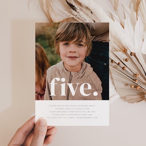 May include: A birthday party invitation with a photo of a young boy and the word "five" in white text. The invitation includes the date, time, and location of the party, as well as contact information for RSVP.
