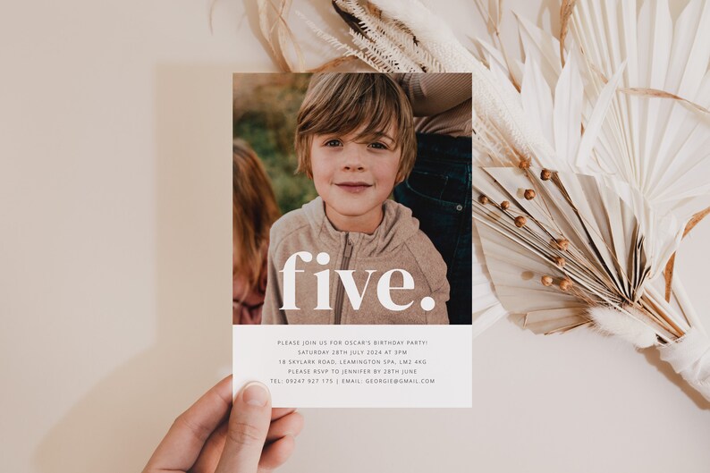 May include: A birthday party invitation with a photo of a young boy and the word "five" in white text. The invitation includes the date, time, and location of the party, as well as contact information for RSVP.