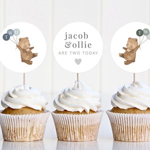 Bear Twin Boys Cupcake Topper, 2nd Birthday Bear, Blue Green Balloons, Cake Toppers Template, Teddy Bears Picnic, Printable Cupcake Toppers