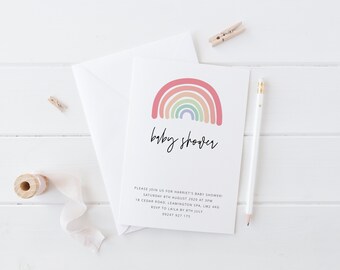 Baby shower invitation template, pastel rainbow invitation, rainbow baby shower, printable invite