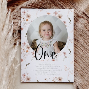 Wildflower Invitation Template, Floral 1st Birthday Invite, Photo Birthday Invitation, First Birthday Girl, Printable Birthday Invitation