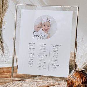 Affiche première année de bébé, affiche d'étape importante 1er anniversaire, impression d'étape importante de photo, 1er anniversaire de fille, affiche imprimable 1ère année