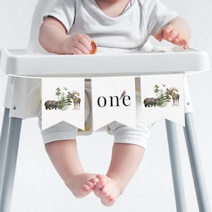 Wild One kinderstoel banner sjabloon, een kinderstoel banner, Wild One, bergen banner, bos kinderstoel Garland, afdrukbare kinderstoel banner