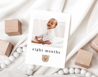 Bear First Year Photos, Canva Template, Monthly Photo Cards, Teddy Bear 1st Birthday, Beary First Birthday, Printable Editable Banner