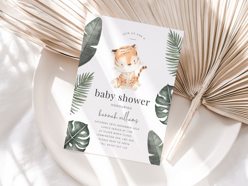 Tiger Baby Shower Invite Template, Jungle Baby Shower Invitation, Tiger Shower Invitation, Neutral Baby Shower, Printable Baby Shower Invite image 2