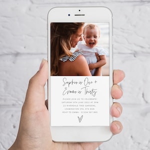 Eltern-Kind-Geburtstags-Evite, gemeinsame Einladung, Mama-Baby-Fotoeinladung, Doppel-Geburtstagsfeier, Text-Einladung, Mutter-Tochter bearbeitbare Evite